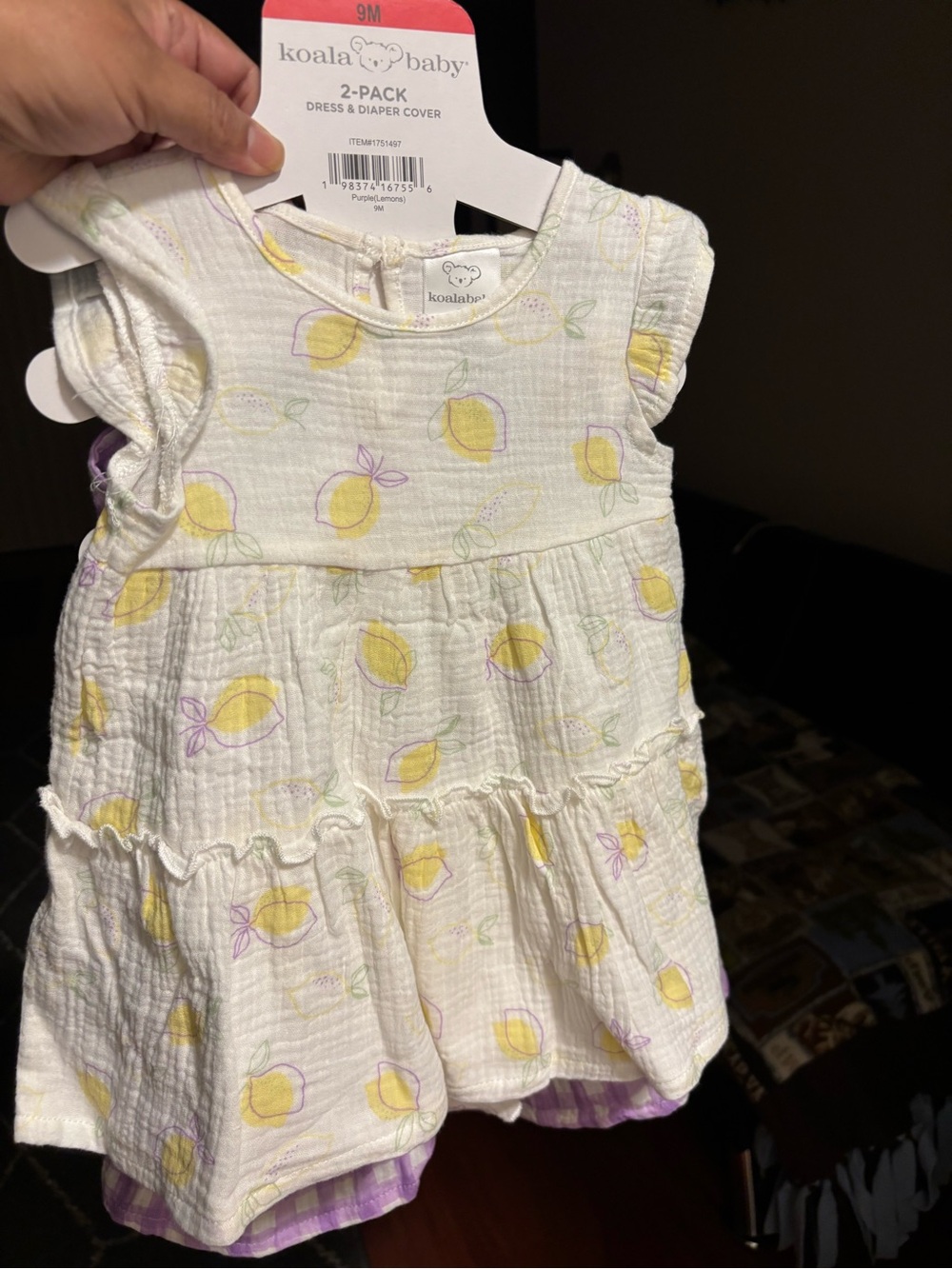 KoalaBaby 4 piece Lemon &  purple Ruffled Baby Dress with diaper covers - 9 Mo